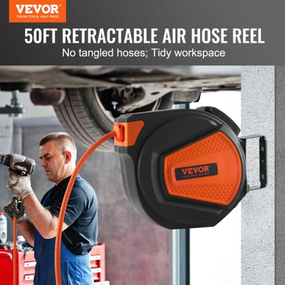 Retractable Air Hose Reel 38 X 50 FT 300 PSI Air Compressor Hose Reel With Auto Rewind Swivel Moun 1