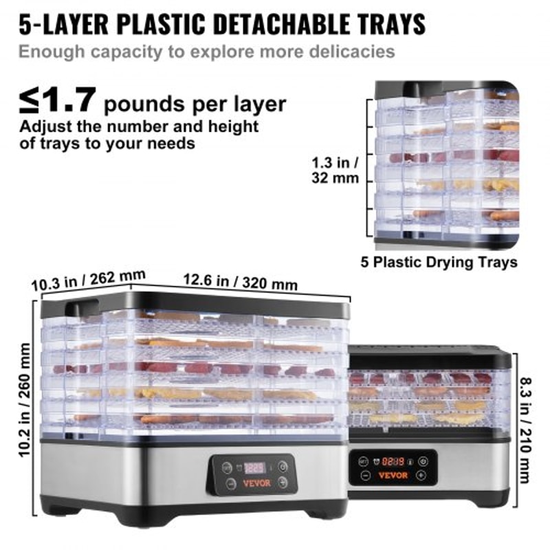 5-Tray Food Dehydrator Machine with Digital Timer & Temperature Control for Jerky, Fruit & Herbs