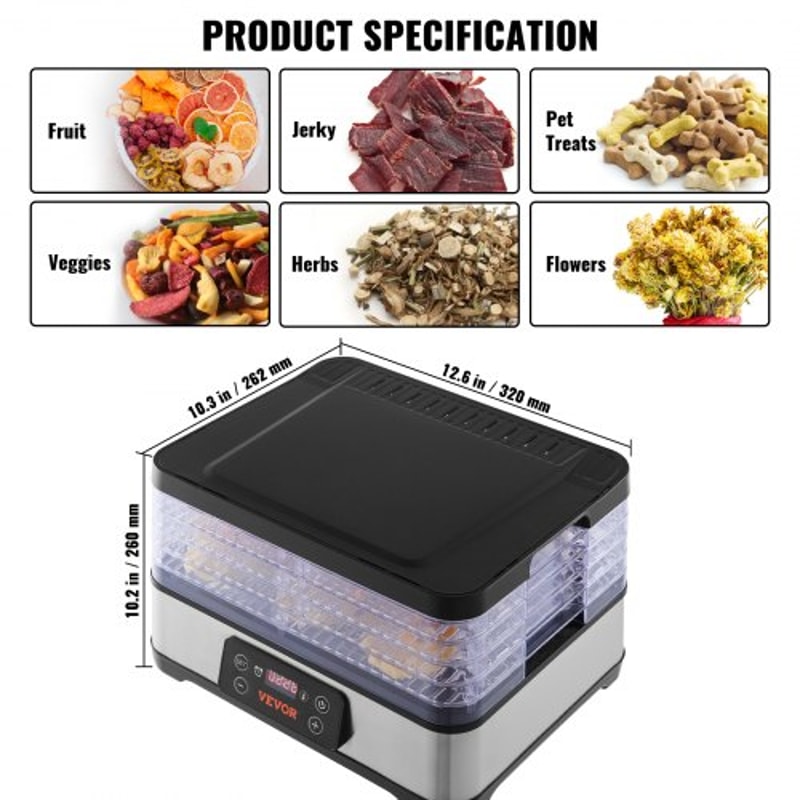 5-Tray Food Dehydrator Machine with Digital Timer & Temperature Control for Jerky, Fruit & Herbs