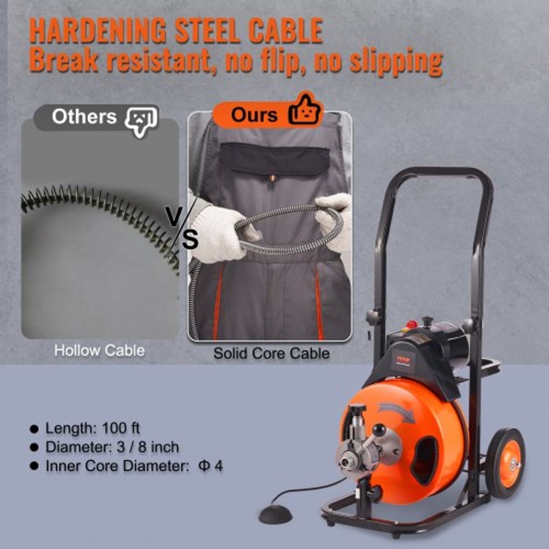 100FT Auto Feed Drain Cleaning Machine with Sewer Snake Auger for 1–4 Inch Pipes