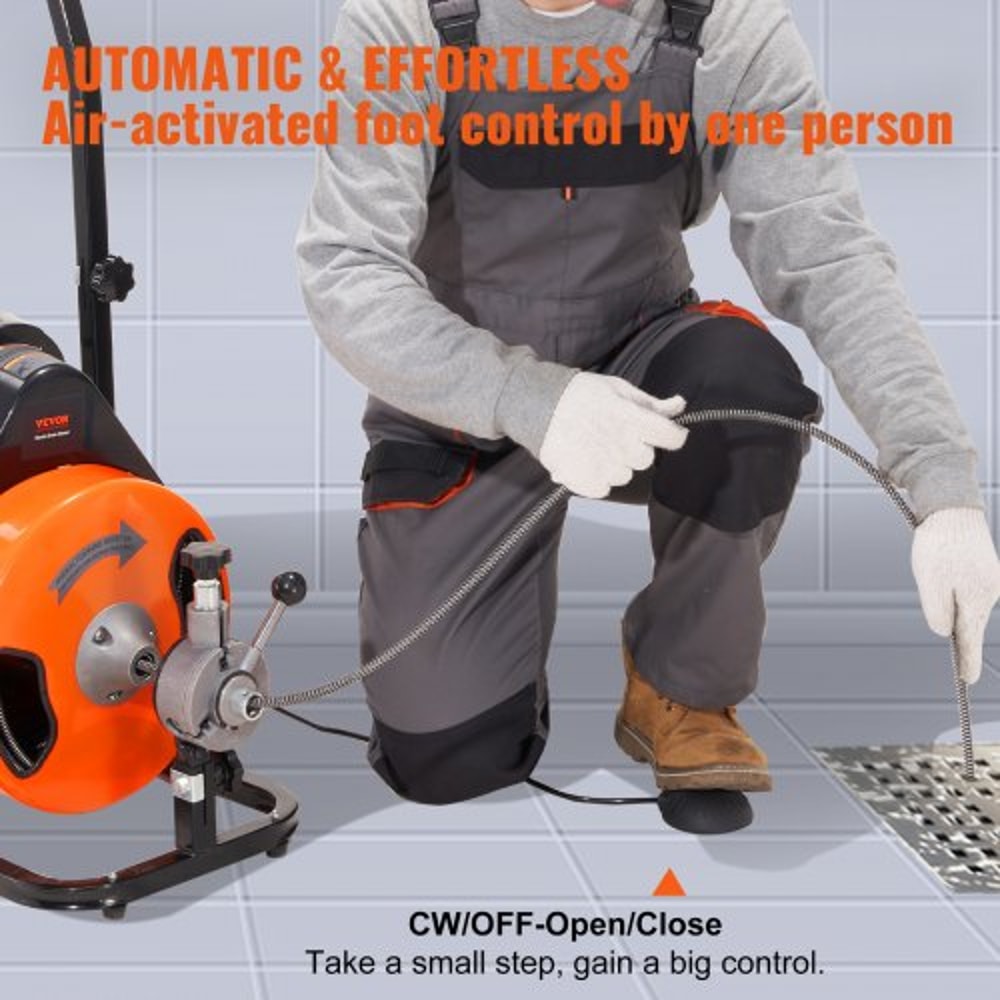 100FT Auto Feed Drain Cleaning Machine with Sewer Snake Auger for 1–4 Inch Pipes