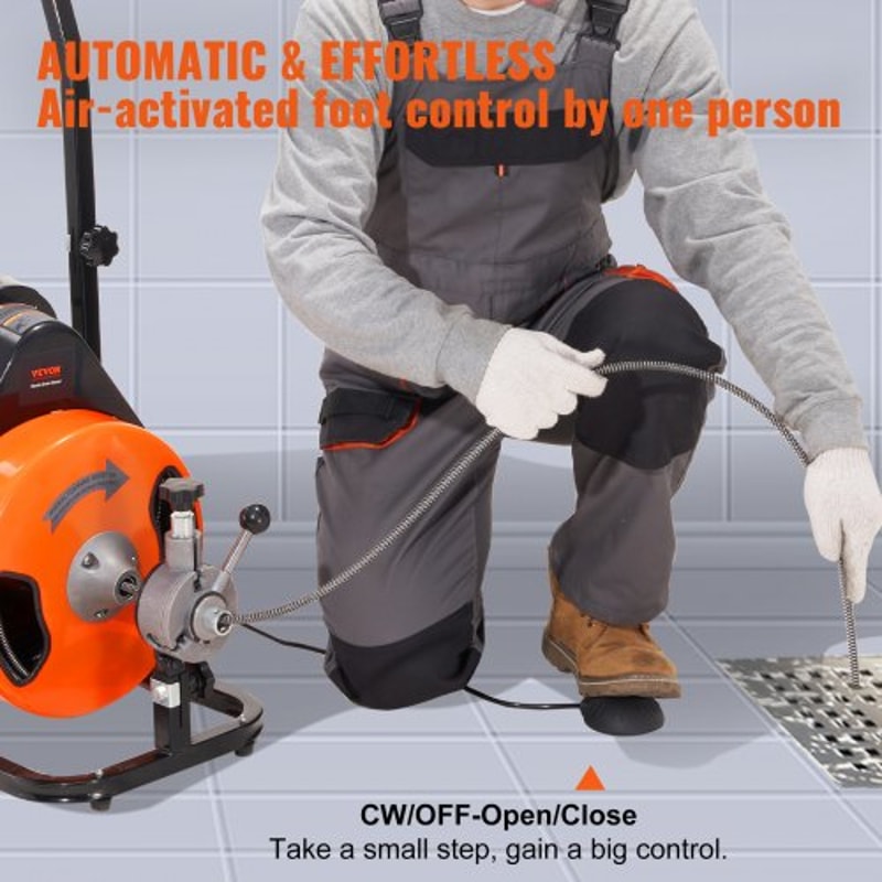 100FT Auto Feed Drain Cleaning Machine with Sewer Snake Auger for 1–4 Inch Pipes