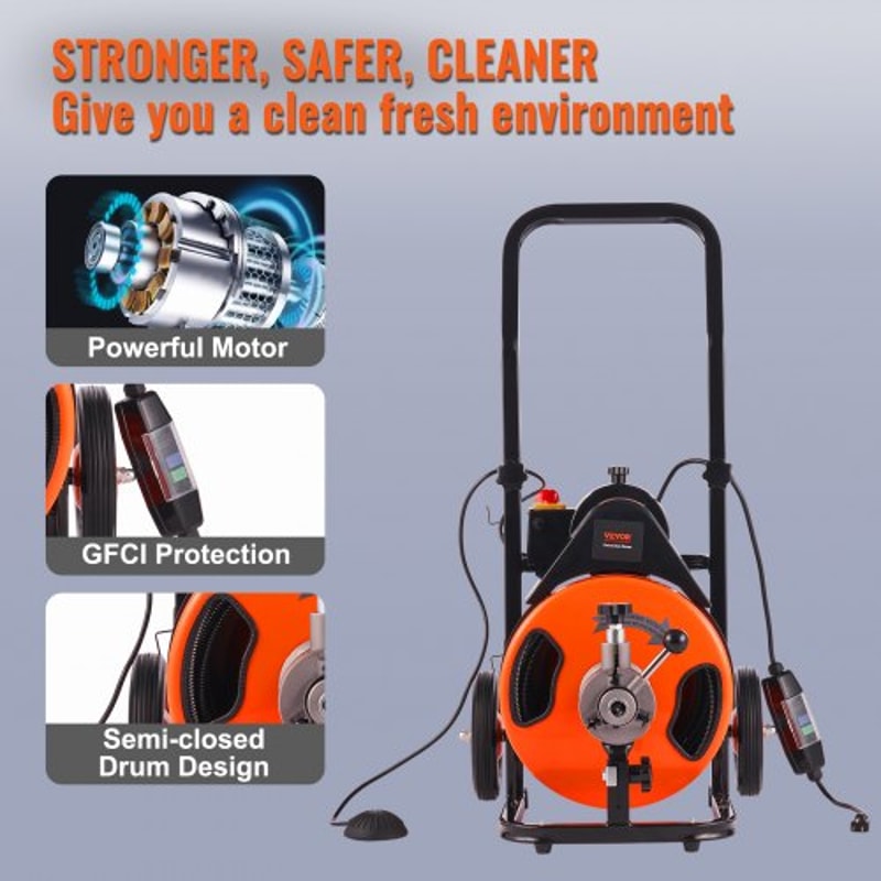100FT Auto Feed Drain Cleaning Machine with Sewer Snake Auger for 1–4 Inch Pipes