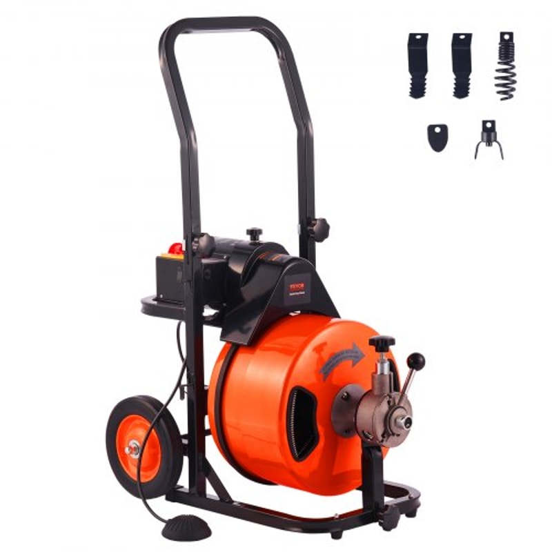 100FT Auto Feed Drain Cleaner Machine with 1/2" Sewer Snake for 2"–4" Pipes