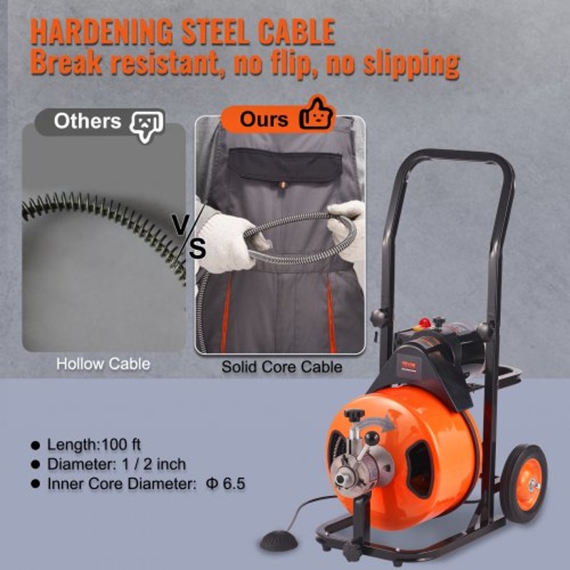 100FT Auto Feed Drain Cleaner Machine with 1/2" Sewer Snake for 2"–4" Pipes