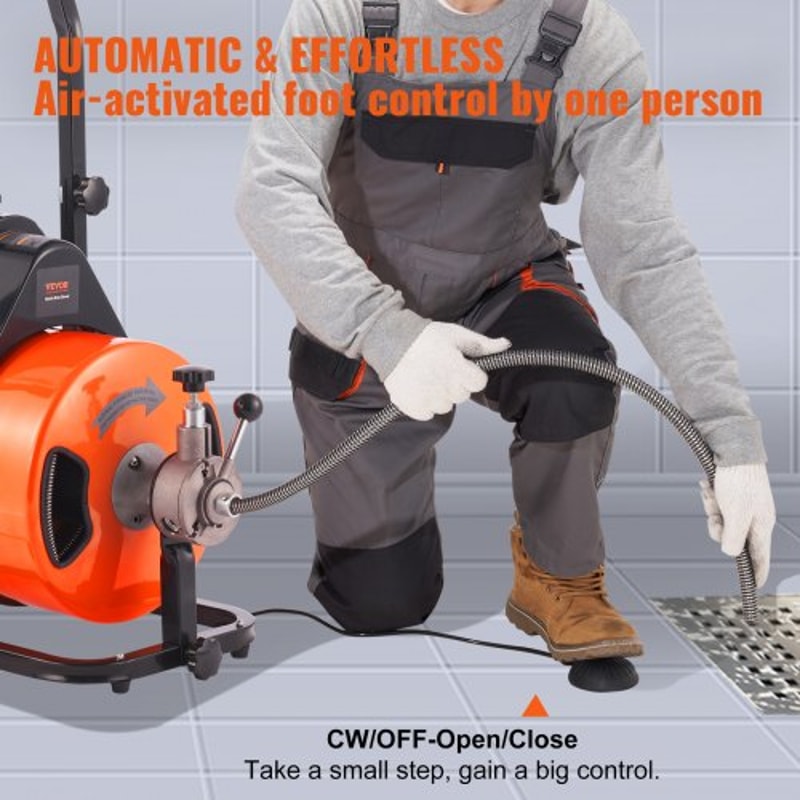 100FT Auto Feed Drain Cleaner Machine with 1/2" Sewer Snake for 2"–4" Pipes