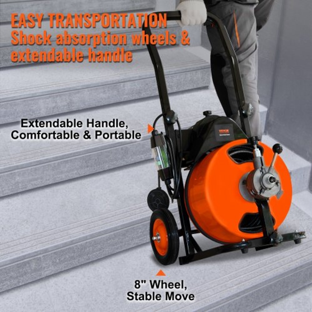 100FT Auto Feed Drain Cleaner Machine with 1/2" Sewer Snake for 2"–4" Pipes