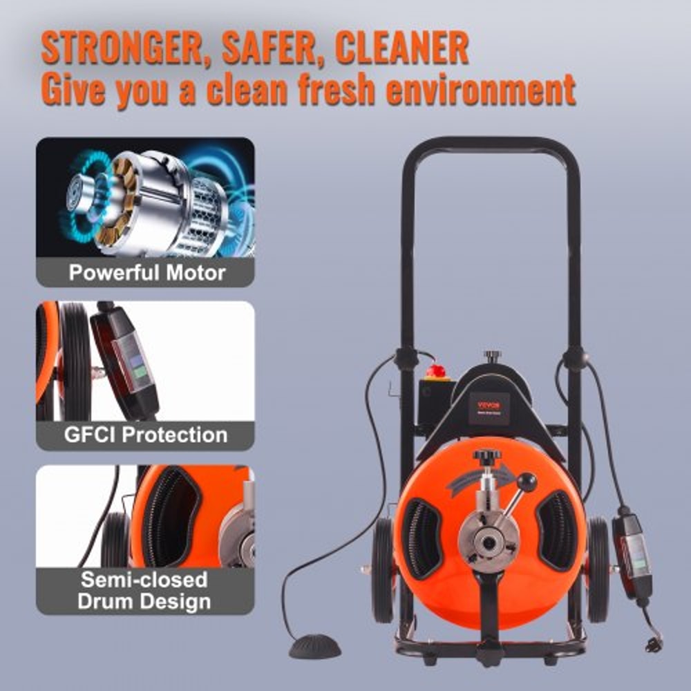 100FT Auto Feed Drain Cleaner Machine with 1/2" Sewer Snake for 2"–4" Pipes