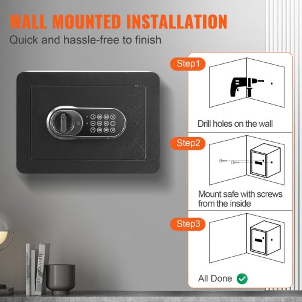 Digital Home Security Safe Box with Keypad, Wall Mount Steel Safe for Cash, Jewelry & Documents