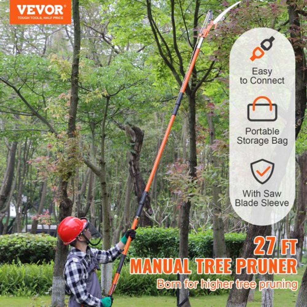 27FT Extendable Manual Pole Saw Tree Pruner With Steel Blade Fiberglass Handles 1