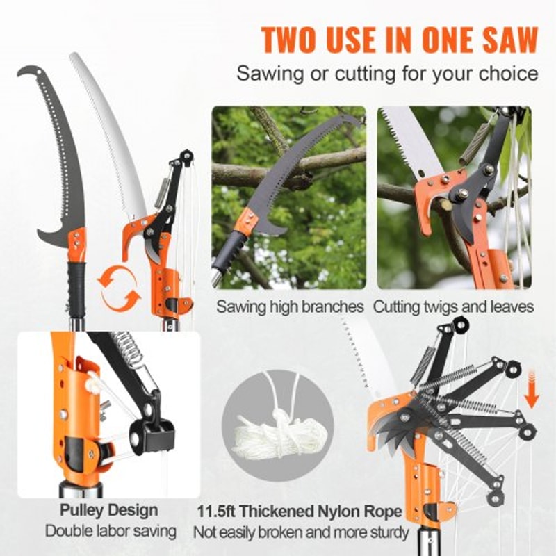 27FT Extendable Manual Pole Saw Tree Pruner With Steel Blade Fiberglass Handles 4