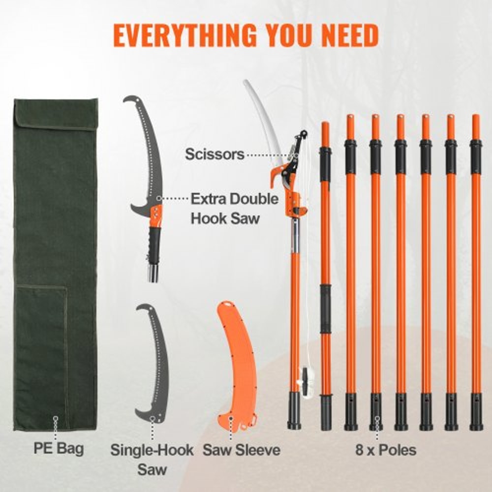 27FT Extendable Manual Pole Saw Tree Pruner With Steel Blade Fiberglass Handles 5