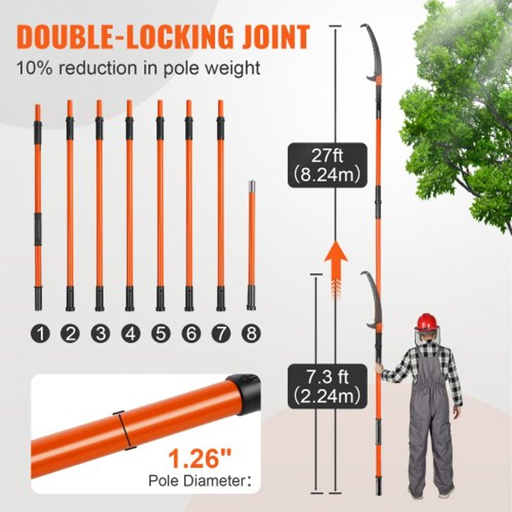 27FT Extendable Tree Pruner Pole Saw With Fiberglass Handles For High Branch Trimming 2