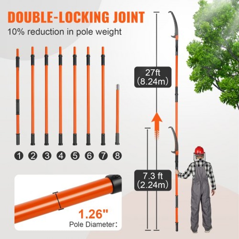 27FT Extendable Tree Pruner Pole Saw With Fiberglass Handles For High Branch Trimming 2