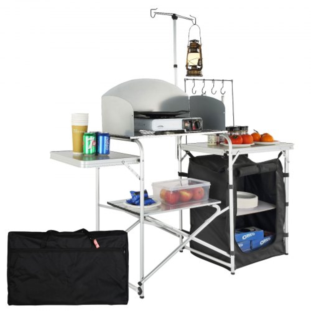 Portable Camping Kitchen Table With Storage Cupboard Windscreen For BBQ RV Outdoor Cooking 0
