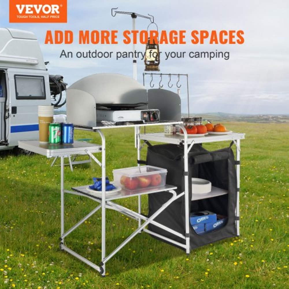 Portable Camping Kitchen Table With Storage Cupboard Windscreen For BBQ RV Outdoor Cooking 2