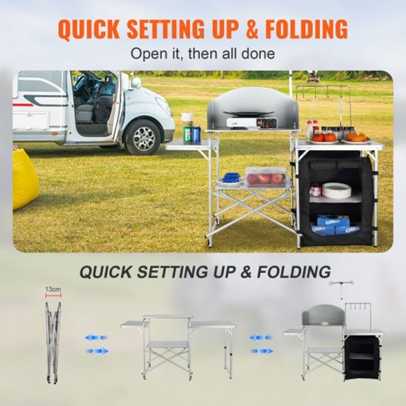 Portable Camping Kitchen Table With Storage Cupboard Windscreen For BBQ RV Outdoor Cooking 3