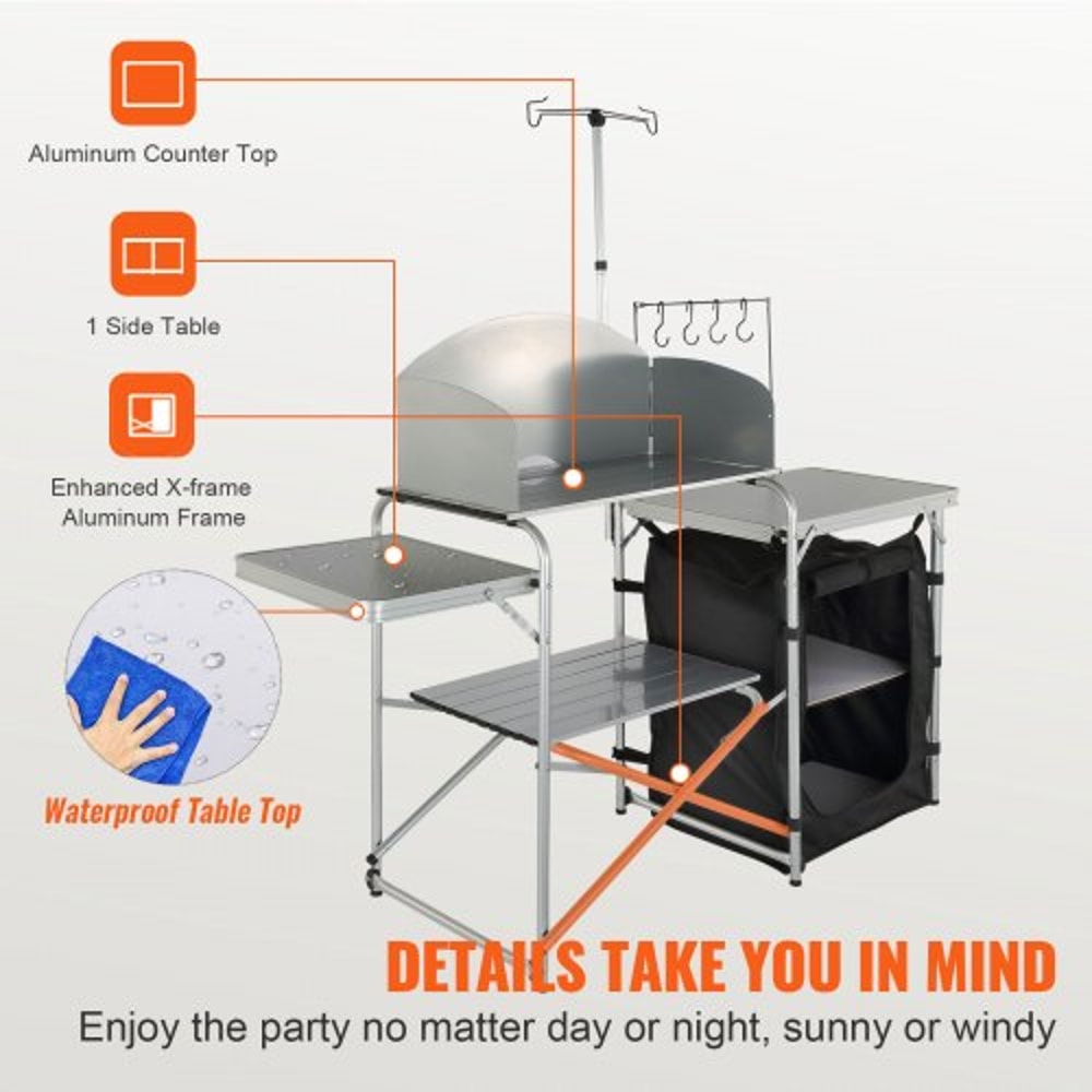 Portable Camping Kitchen Table With Storage Cupboard Windscreen For BBQ RV Outdoor Cooking 5