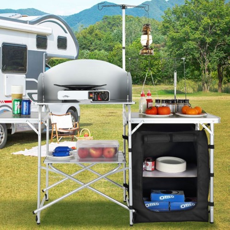 Portable Camping Kitchen Table With Storage Cupboard Windscreen For BBQ RV Outdoor Cooking 6