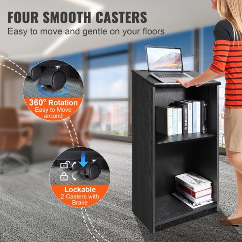 Mobile Wood Podium Stand With Storage Shelves Locking Wheels For Church Office Classroom 3