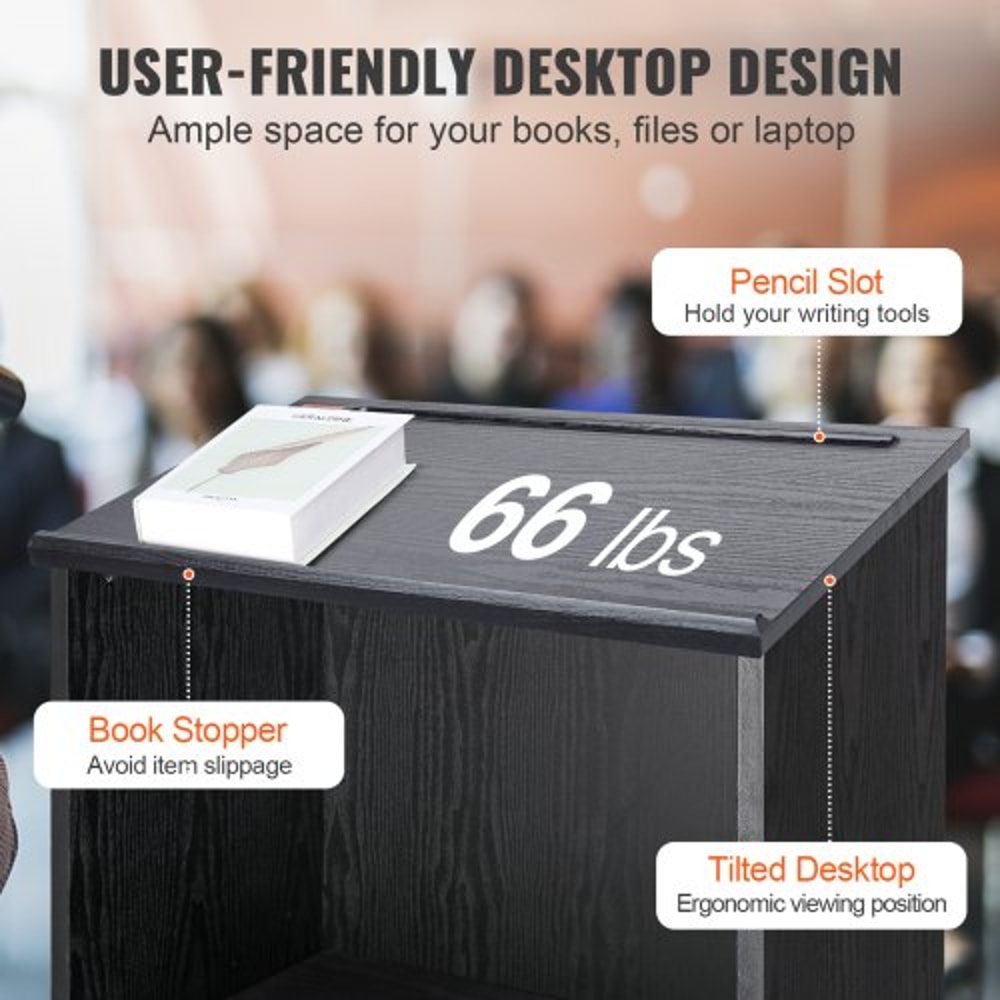 Mobile Wood Podium Stand With Storage Shelves Locking Wheels For Church Office Classroom 4