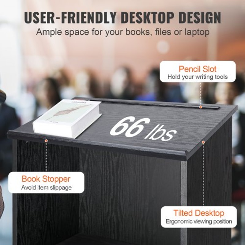 Mobile Wood Podium Stand With Storage Shelves Locking Wheels For Church Office Classroom 4