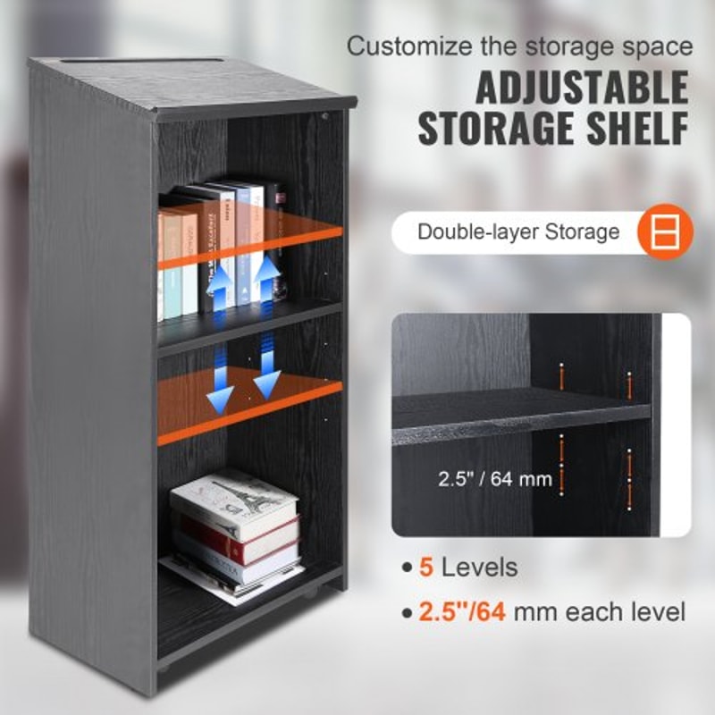 Mobile Wood Podium Stand With Storage Shelves Locking Wheels For Church Office Classroom 5