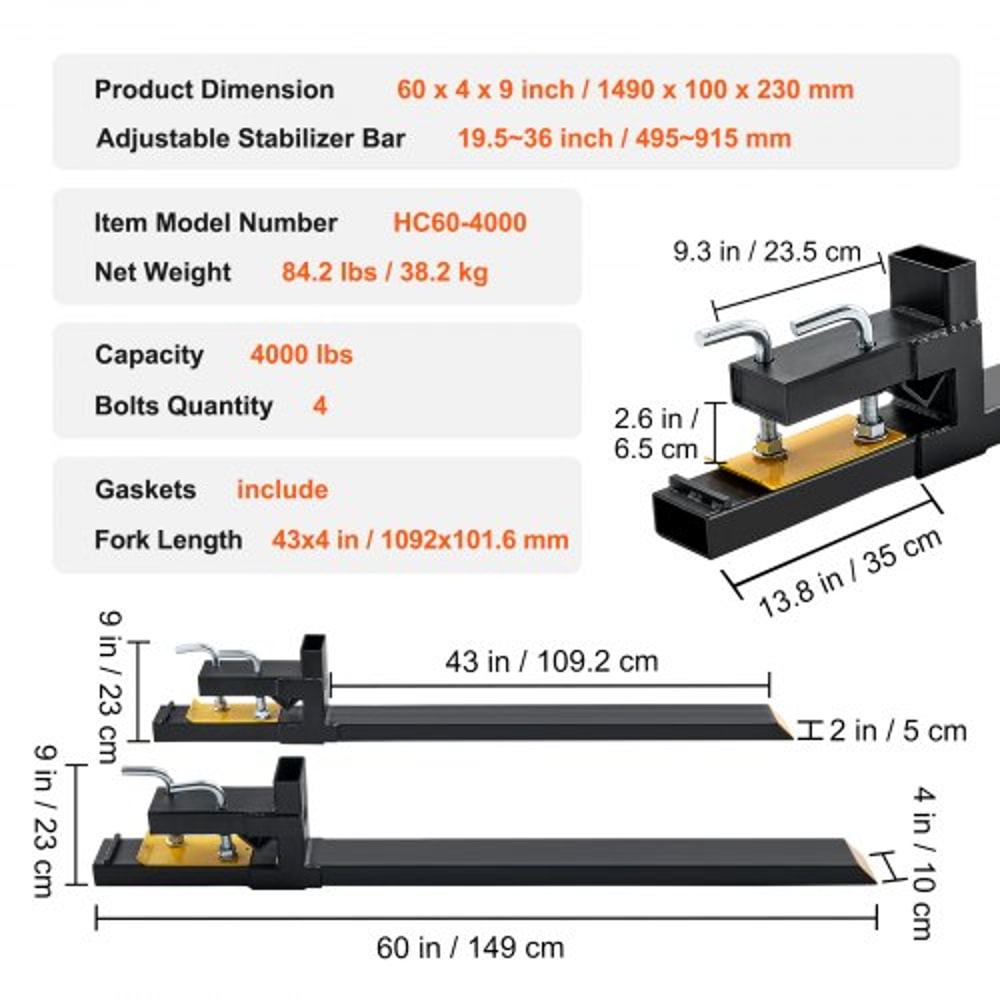 4000 Lb Clamp On Pallet Forks With Stabilizer Bar For Tractor Buckets Skid Steers 7