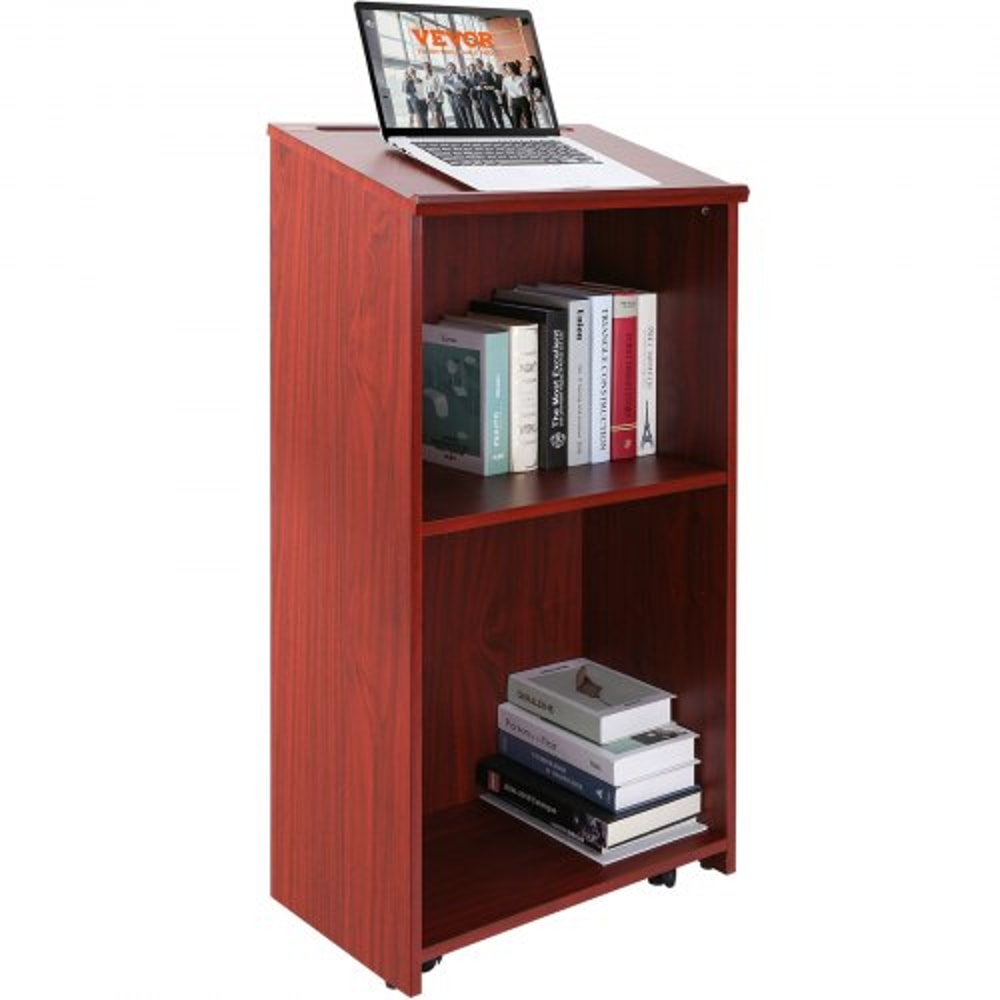 Executive Rolling Wood Podium Stand With Storage Shelves Ergonomic Lectern Top 0