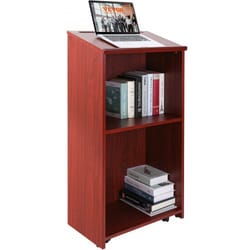 executive rolling wood podium stand with storage shelves & ergonomic lectern top