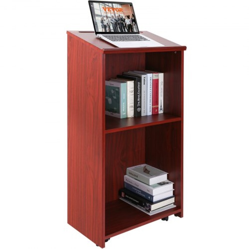 Executive Rolling Wood Podium Stand With Storage Shelves Ergonomic Lectern Top 0
