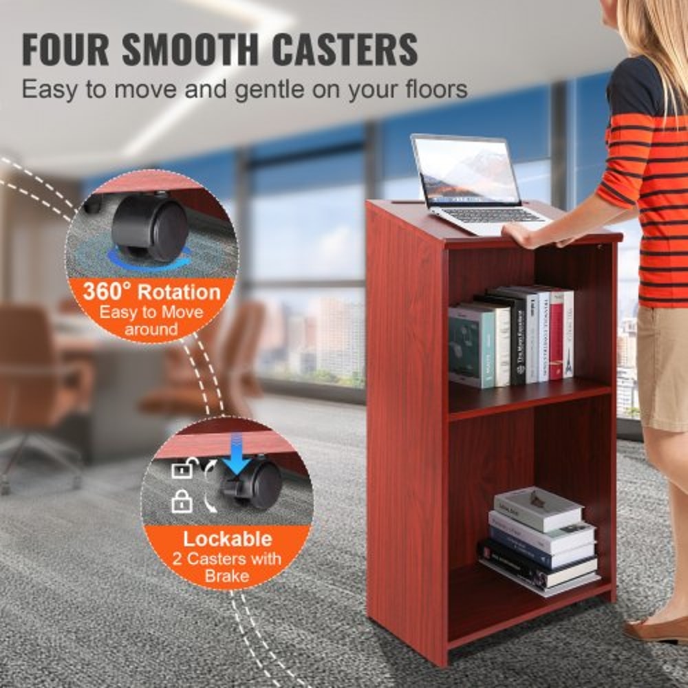 Executive Rolling Wood Podium Stand With Storage Shelves Ergonomic Lectern Top 3