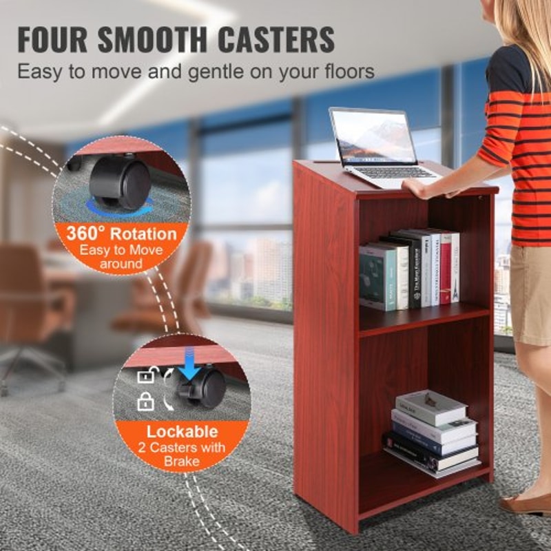 Executive Rolling Wood Podium Stand With Storage Shelves Ergonomic Lectern Top 3