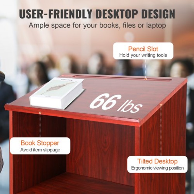 Executive Rolling Wood Podium Stand With Storage Shelves Ergonomic Lectern Top 4