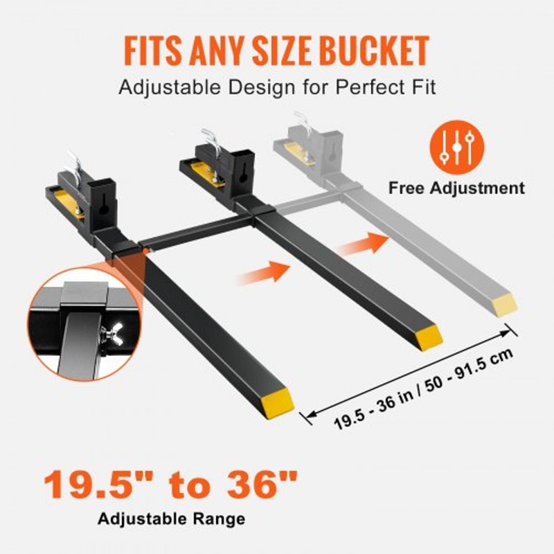 Heavy Duty 4000 lb Clamp-On Pallet Forks with Adjustable Stabilizer Bar for Tractors & Loaders