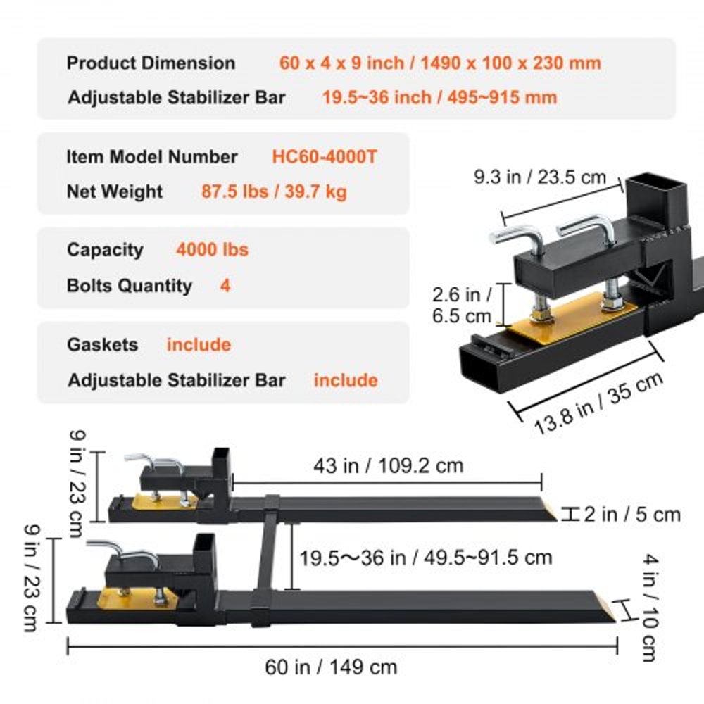 Heavy Duty 4000 lb Clamp-On Pallet Forks with Adjustable Stabilizer Bar for Tractors & Loaders
