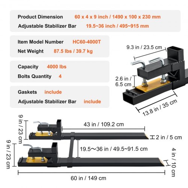 Heavy Duty 4000 lb Clamp-On Pallet Forks with Adjustable Stabilizer Bar for Tractors & Loaders