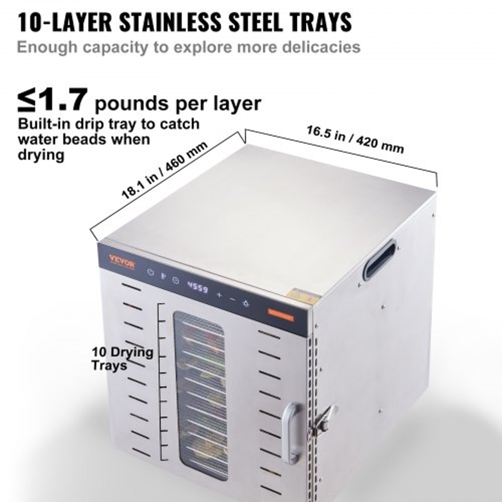 10-Tray Stainless Steel Food Dehydrator Machine with Digital Timer & Temperature Control