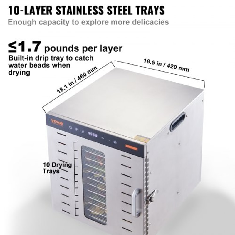 10-Tray Stainless Steel Food Dehydrator Machine with Digital Timer & Temperature Control