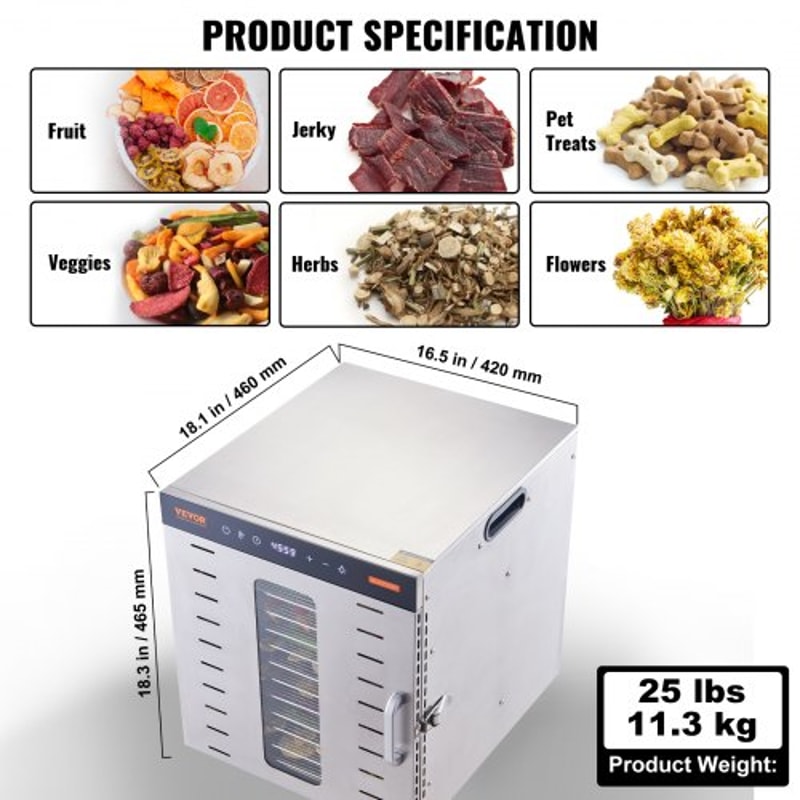 10-Tray Stainless Steel Food Dehydrator Machine with Digital Timer & Temperature Control