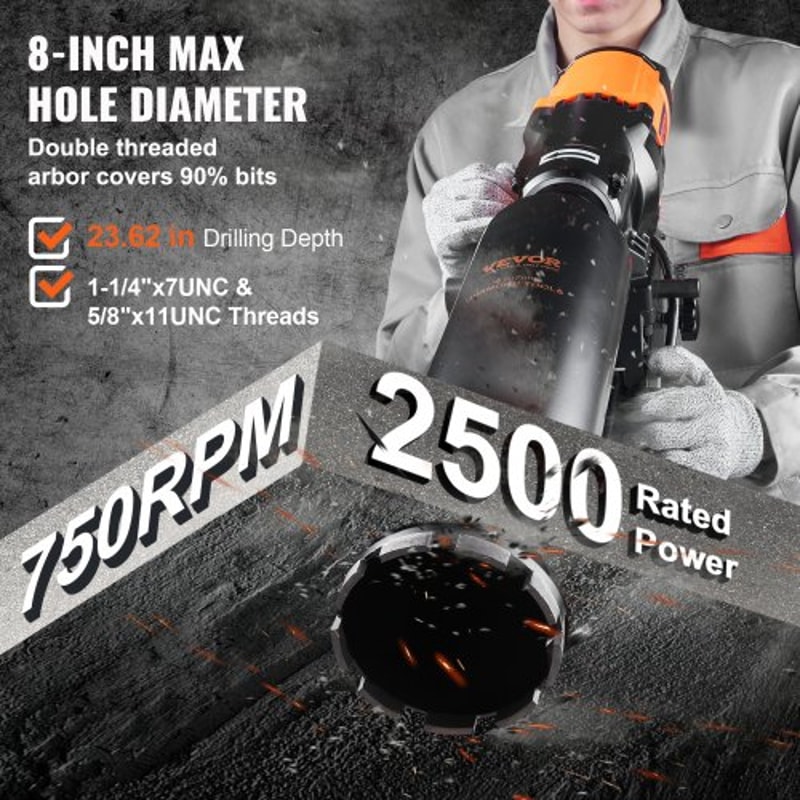 8in Wet Dry Diamond Core Drill Machine 2500W Concrete Drill Rig 2