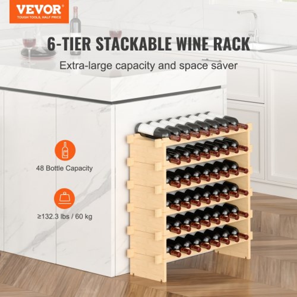 48Bottle Stackable Bamboo Wine Rack Freestanding 6Tier Wine Storage Display Shelf 1