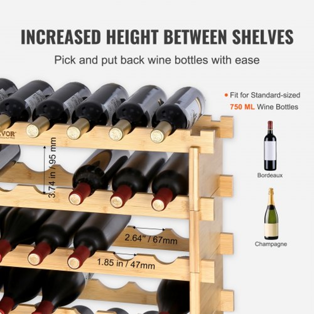 72-Bottle Bamboo Wine Rack Stackable Modular Display Shelf