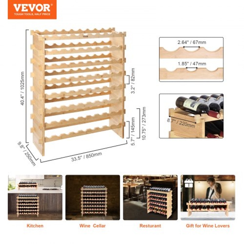 72-Bottle Bamboo Wine Rack Stackable Modular Display Shelf