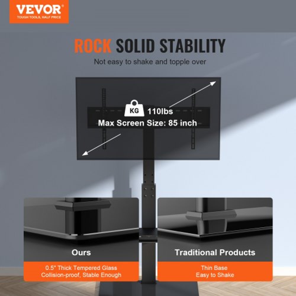 VEVOR Adjustable Swivel TV Floor Stand For 3285 Inch TVs With Tempered Glass Base 2