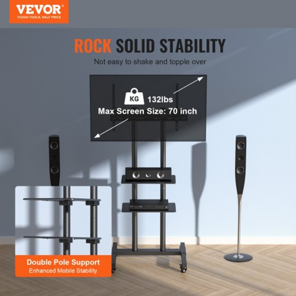 Adjustable Mobile TV Stand For TVs With Wheels Dual Trays 1