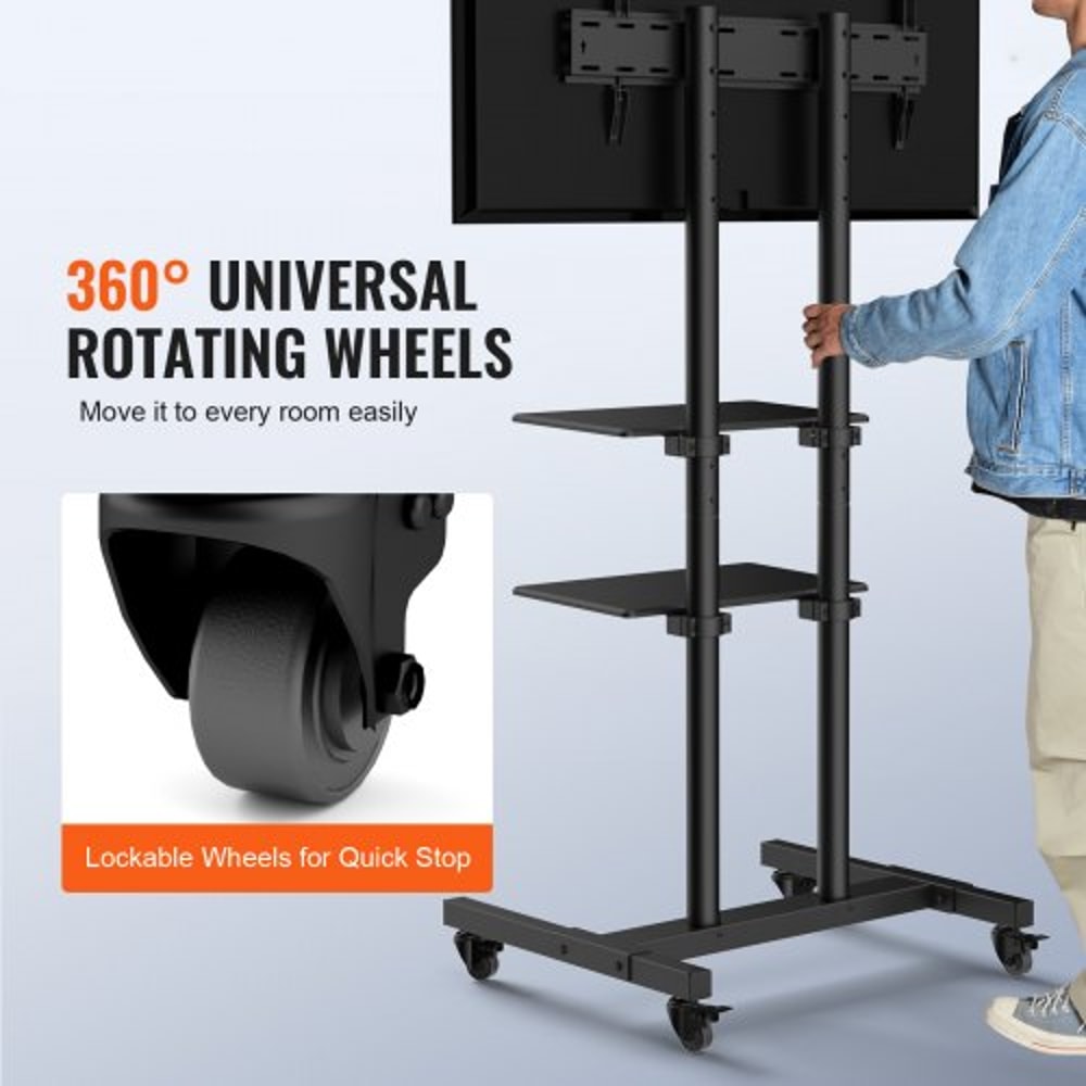 Adjustable Mobile TV Stand For TVs With Wheels Dual Trays 3