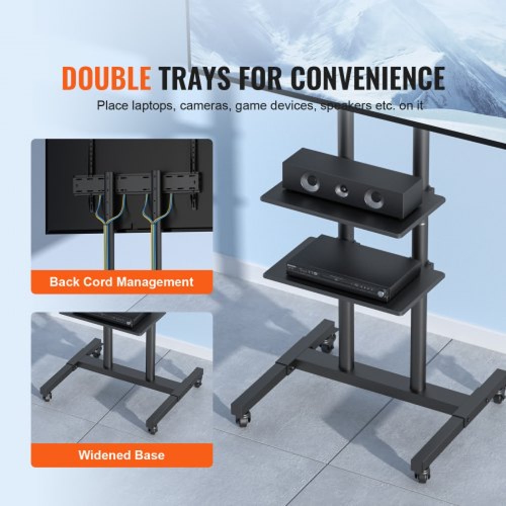 Adjustable Mobile TV Stand For TVs With Wheels Dual Trays 4