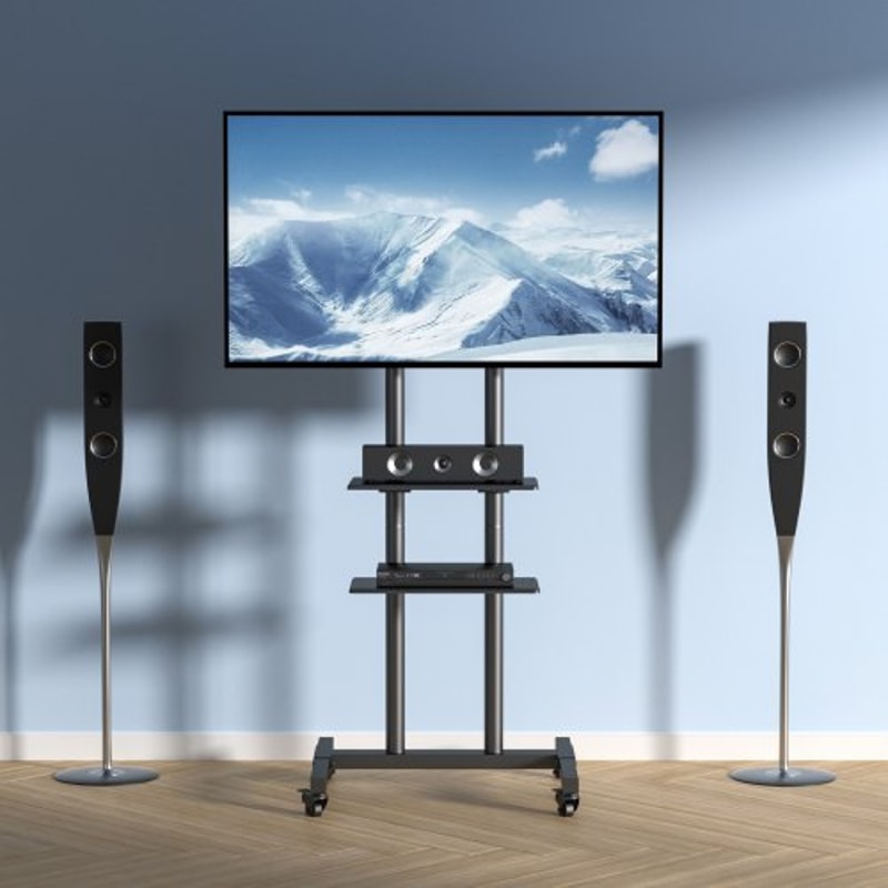 Adjustable Mobile TV Stand For TVs With Wheels Dual Trays 6