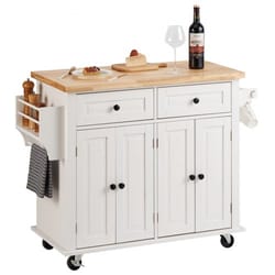prestige rolling kitchen island cart with solid wood top & storage cabinet